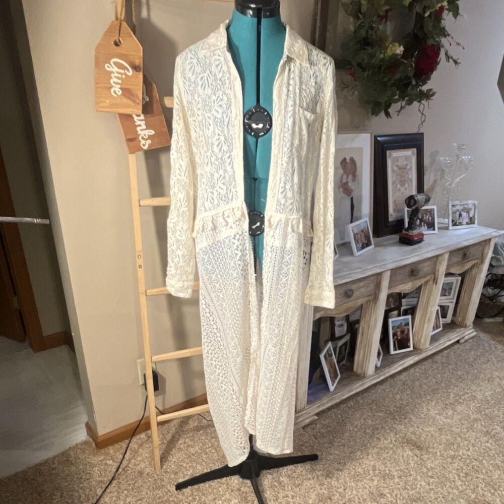 Handmade upcycled Ivory Lace Sheer Long Sleeve Kimono Jacket Blouse Floral M